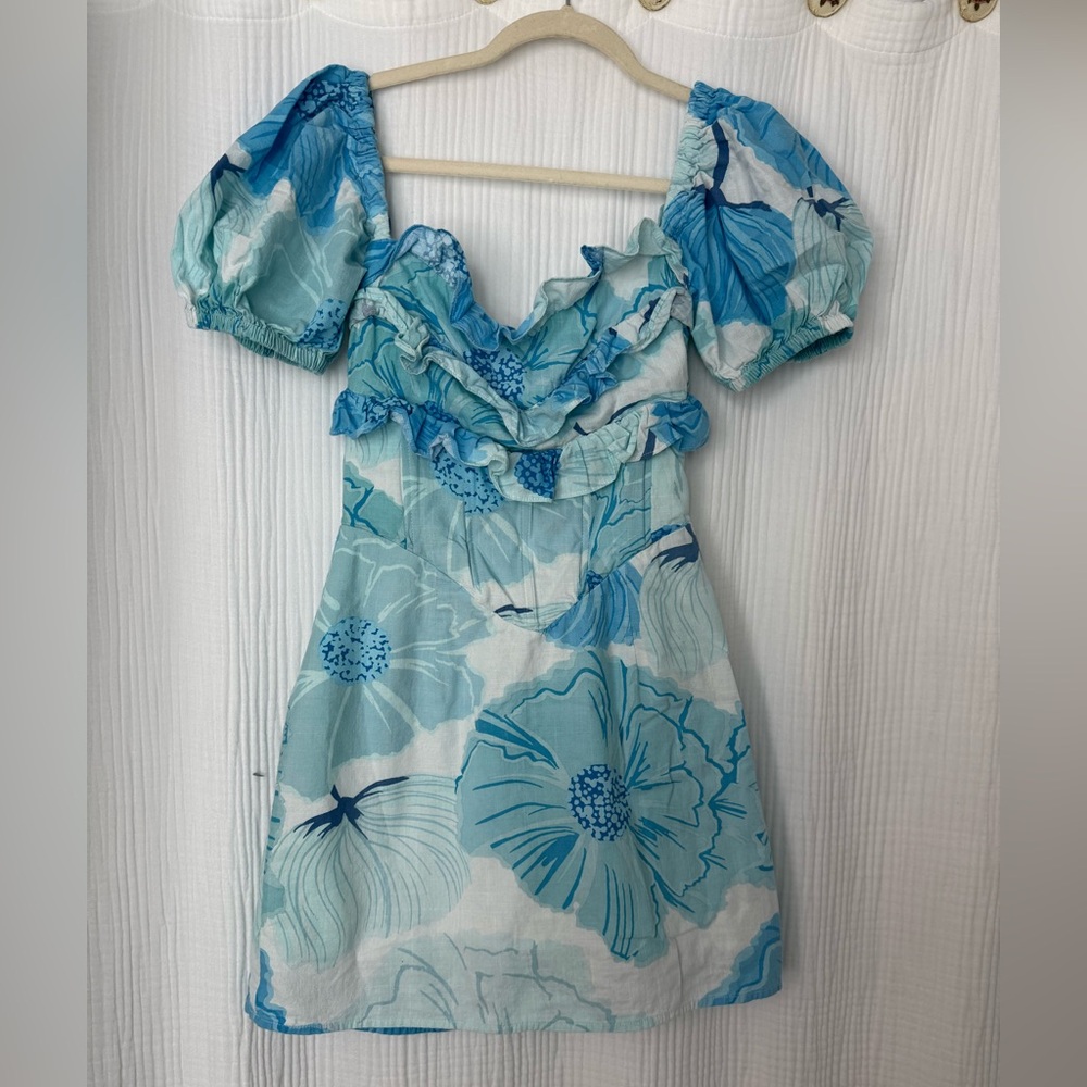 Blue Floral Puff-Sleeve Mini Dress
